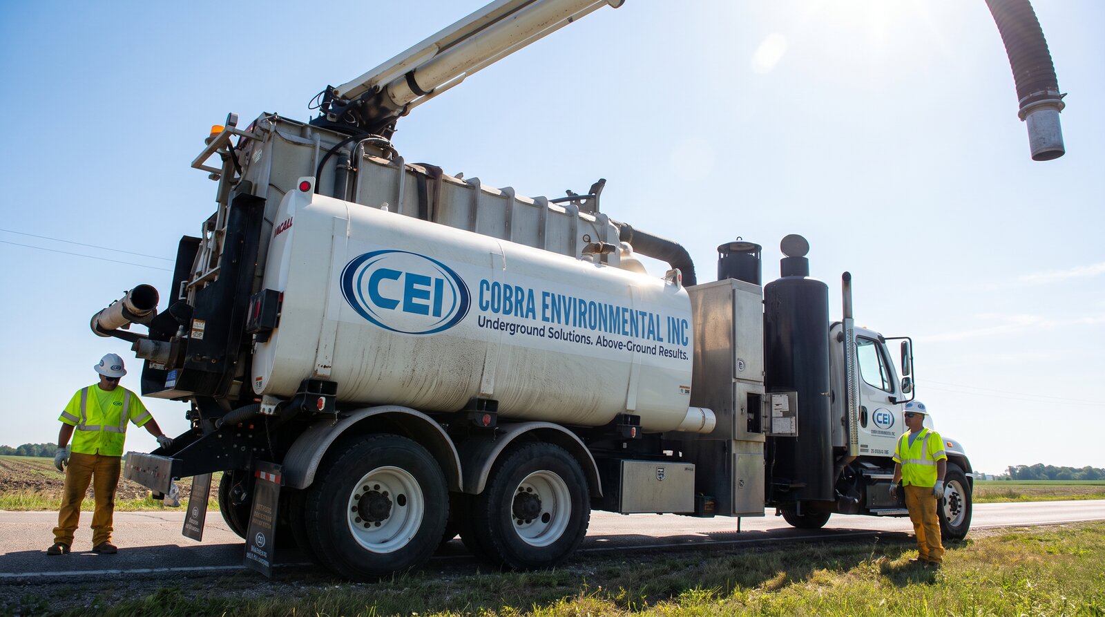 CEI Vacall hydro excavation truck working a utility exposure with boom arm extended