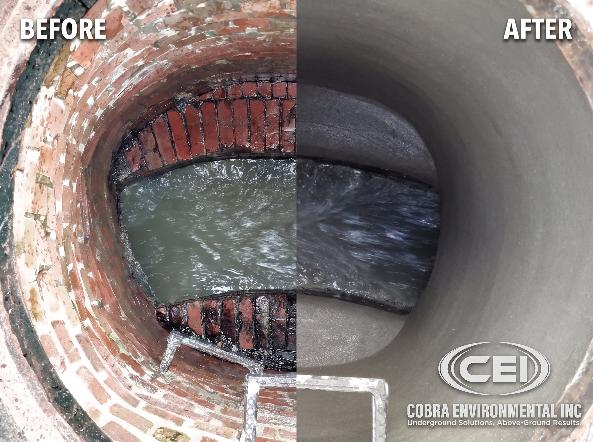 CEI manhole rehabilitation crew installing cementitious lining